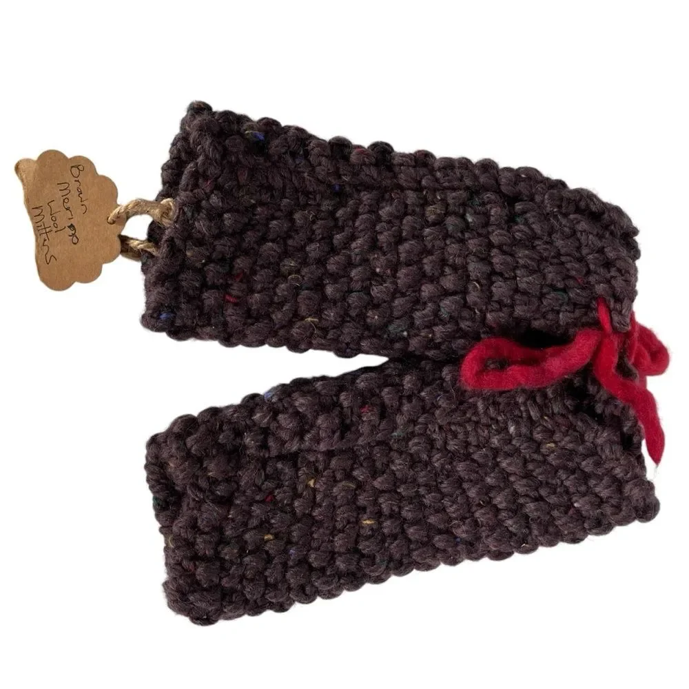 Brown Merino Wool Knit Mittens Hamdmade Chunky Knit Fingerless Gloves Thumbholes